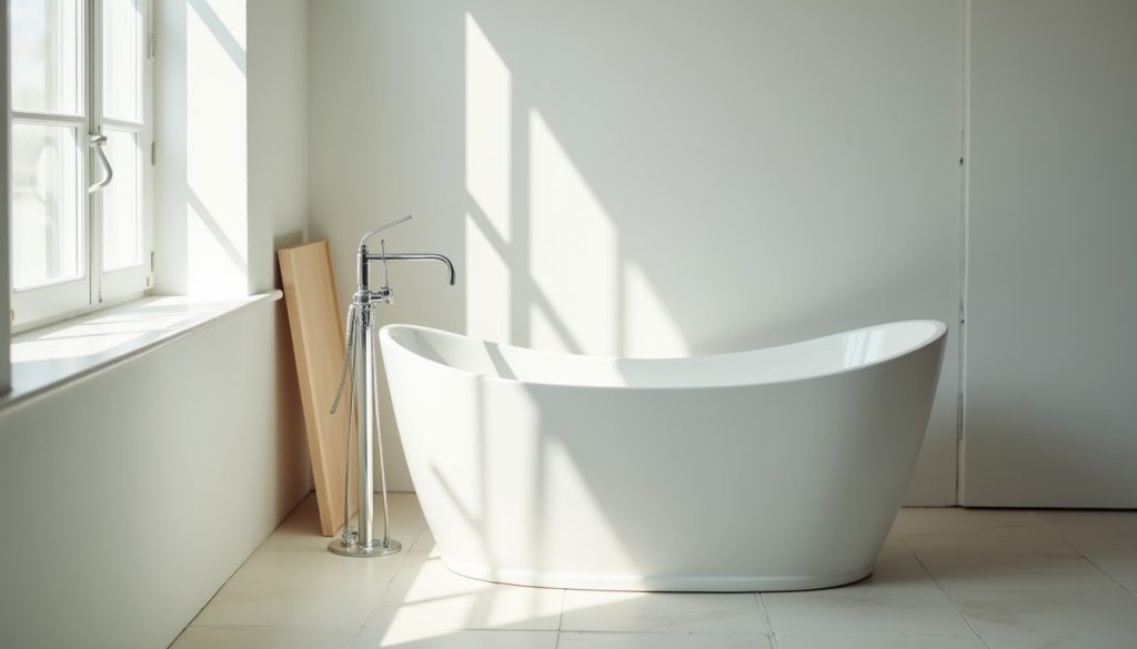 A white freestanding soaking bathtub