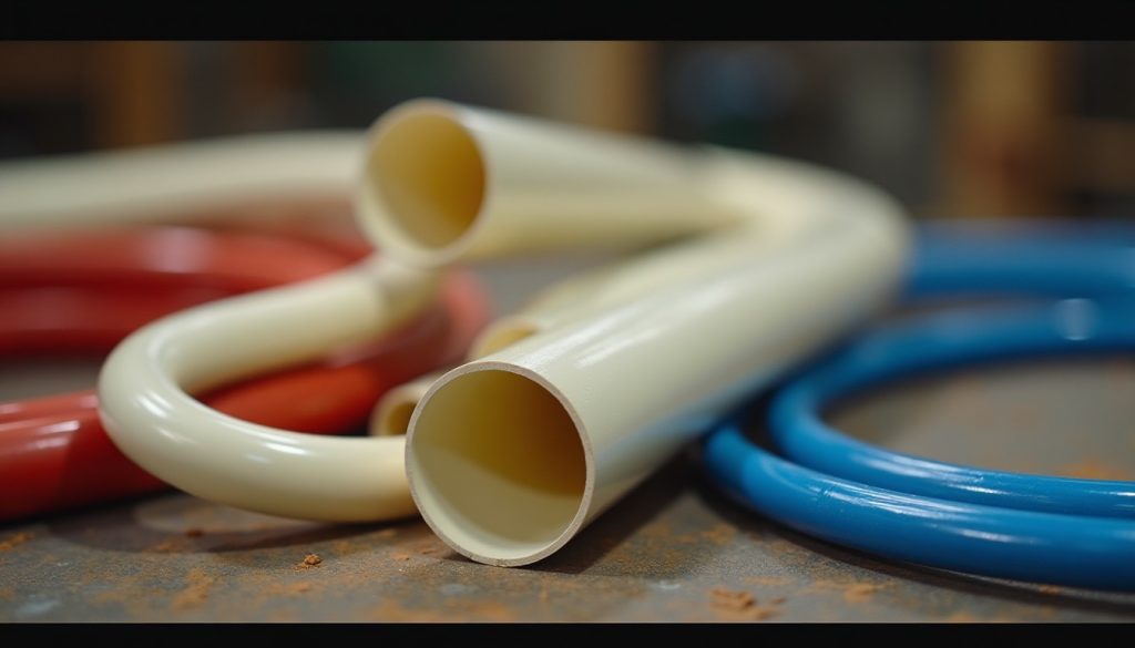 CPVC pipe next to PEX tubing on a workbench