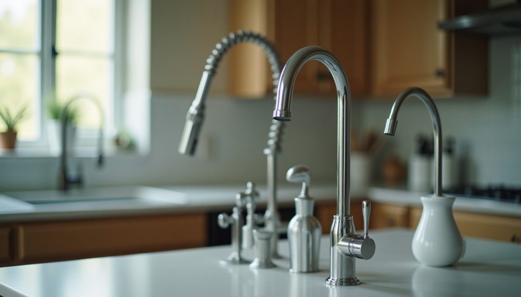 Several kitchen faucet styles displayed on a counter