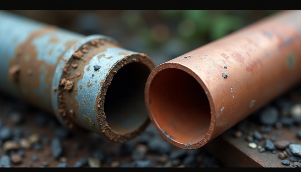 An old galvanized steel pipe next to new copper pipe