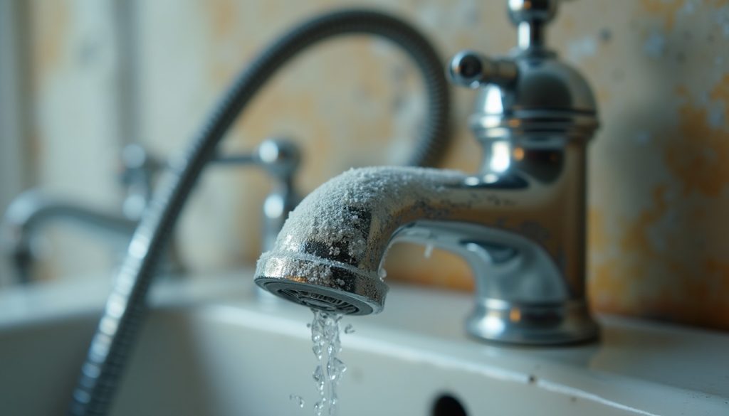 Limescale buildup on a chrome faucet and showerhead