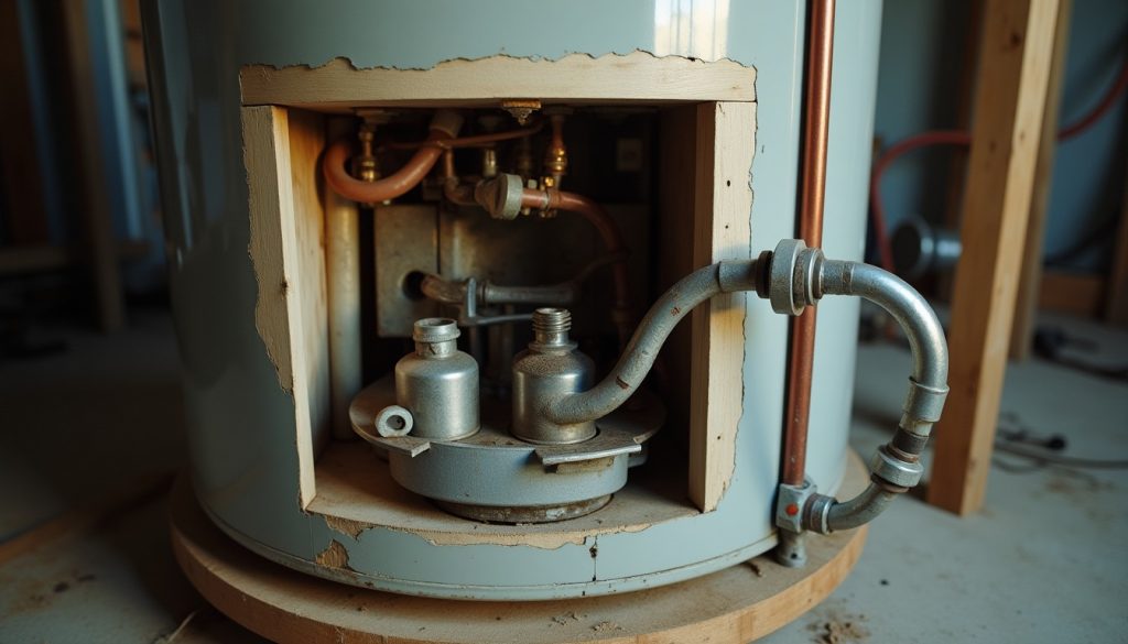 A cutaway of a tank water heater showing internal parts