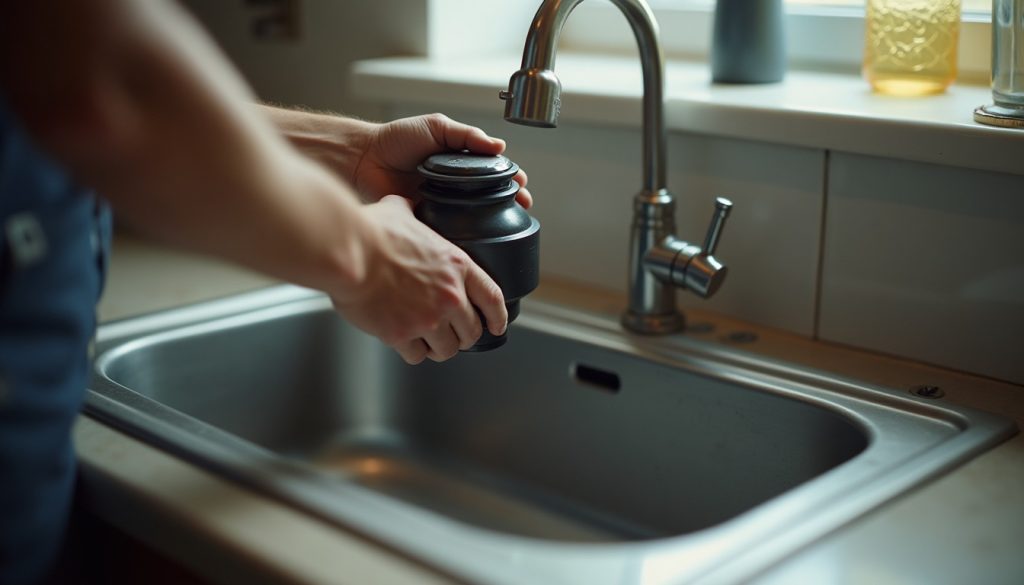 Hands mounting a garbage disposal under a sink