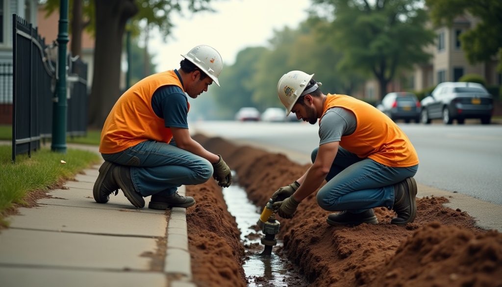 A utility crew replacing a water service line in an open street trench