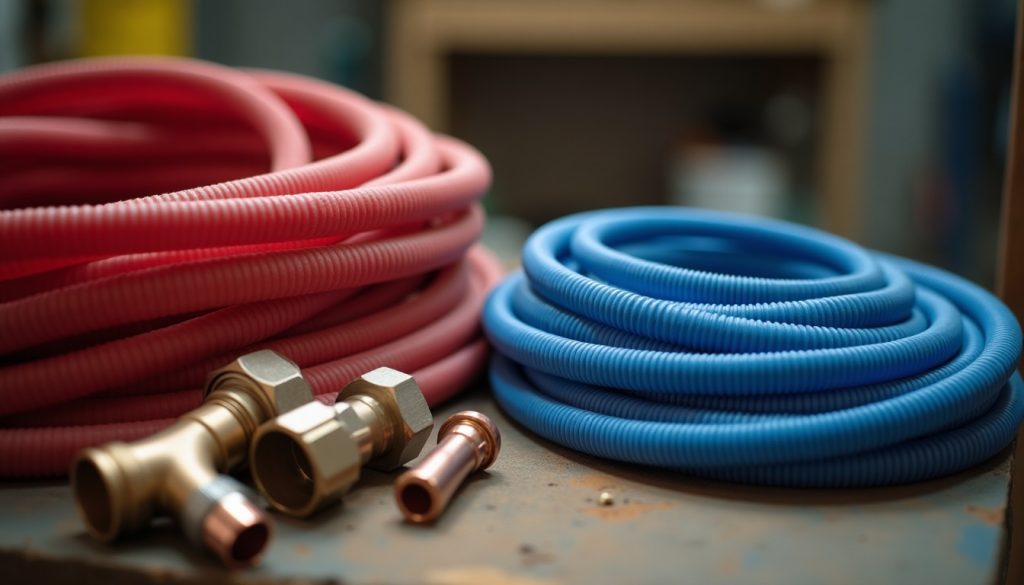 PEX tubing next to copper pipe on a workbench