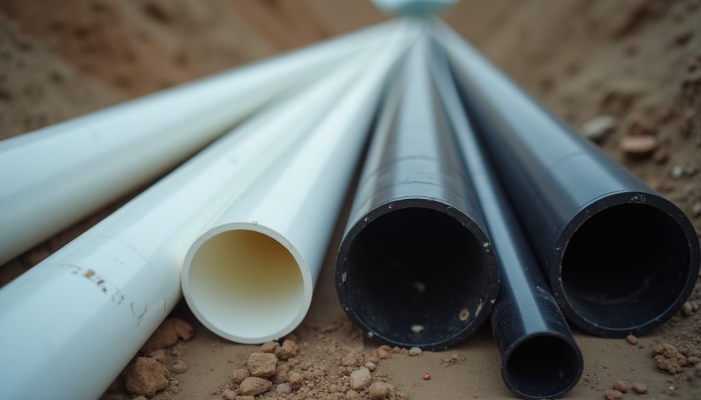 White PVC and black ABS drain pipe side by side