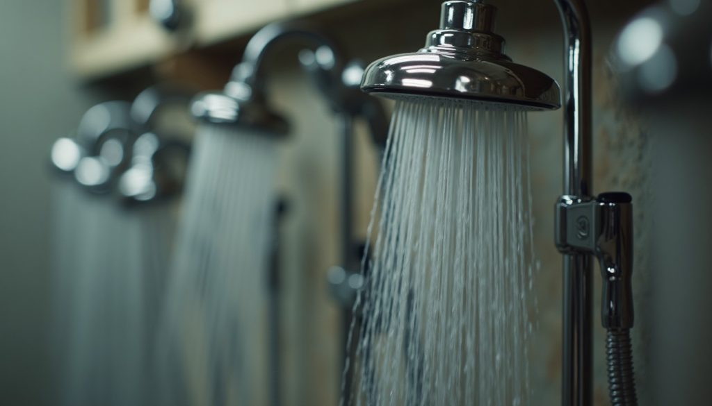 Several shower head styles including a rain head and handheld