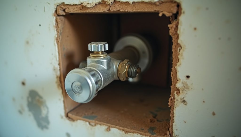 An exposed shower mixing valve cartridge in an open wall