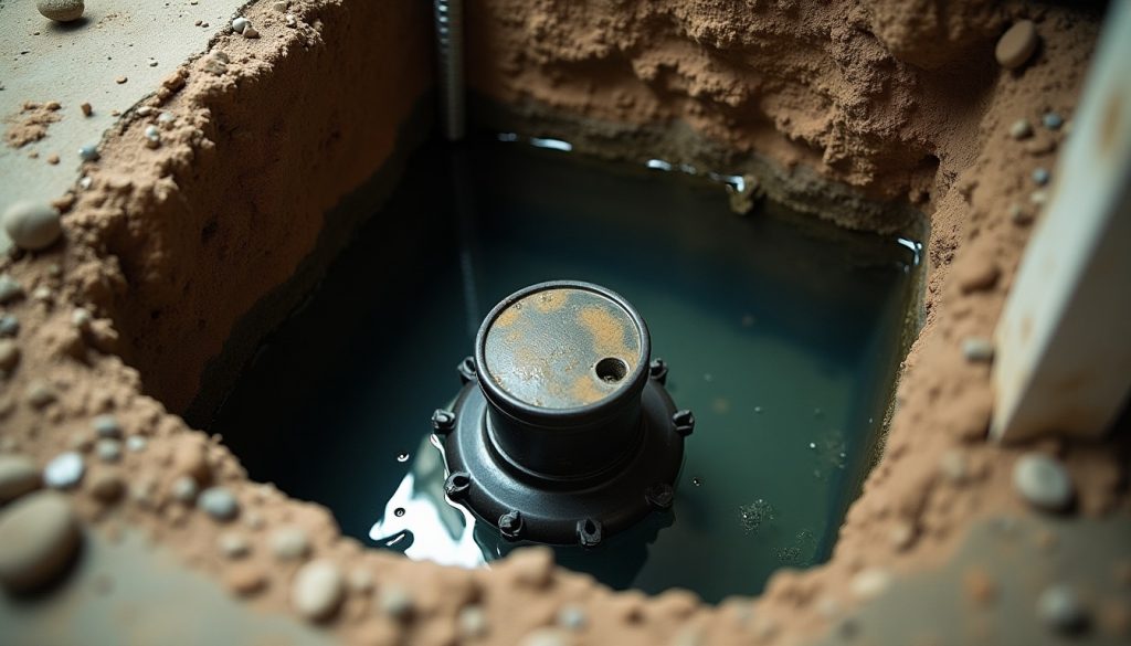 A sump pump in a pit beside a sealed sewage ejector basin