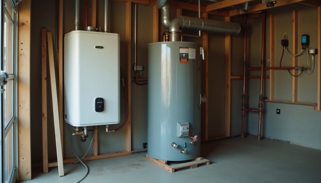 A tankless water heater beside a traditional tank water heater