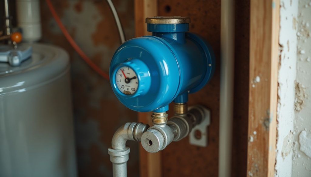 A blue thermal expansion tank on the line above a water heater
