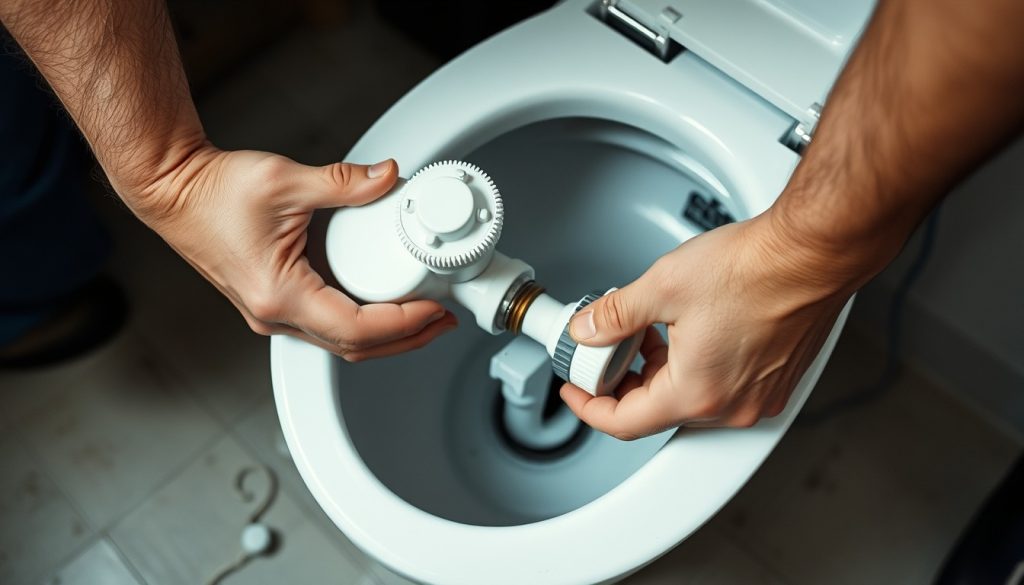 Hands installing a fill valve inside a toilet tank