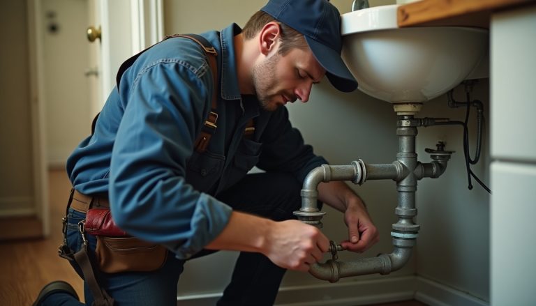 A plumber fitting pipe under a sink in a home