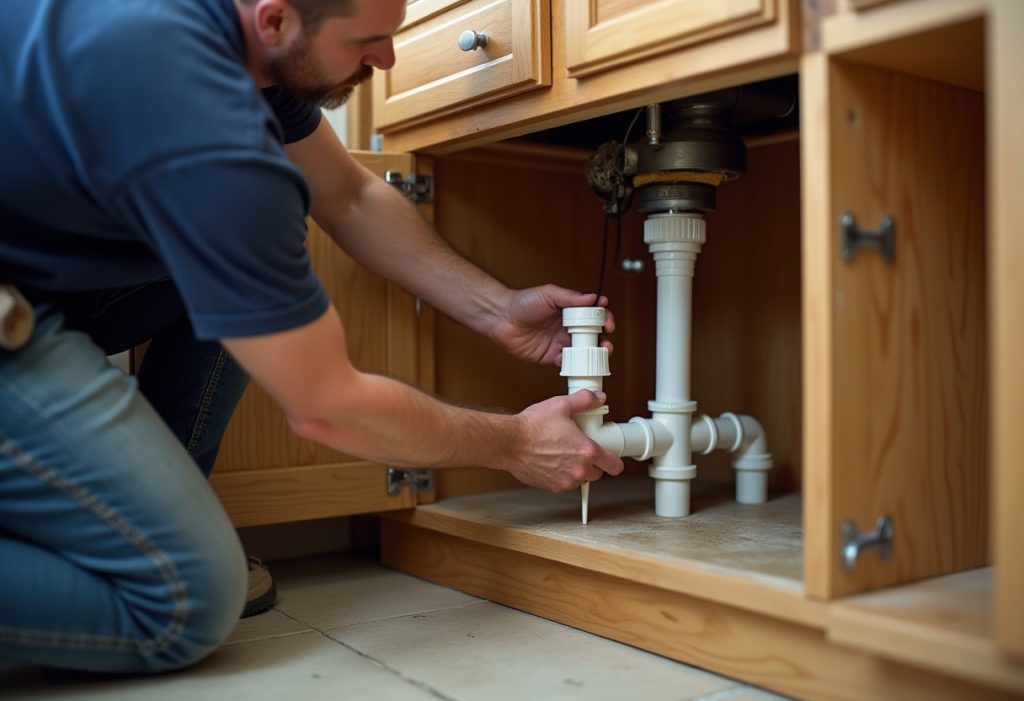 Plumber holding a small plastic air admittance valve under a bathroom sink drain