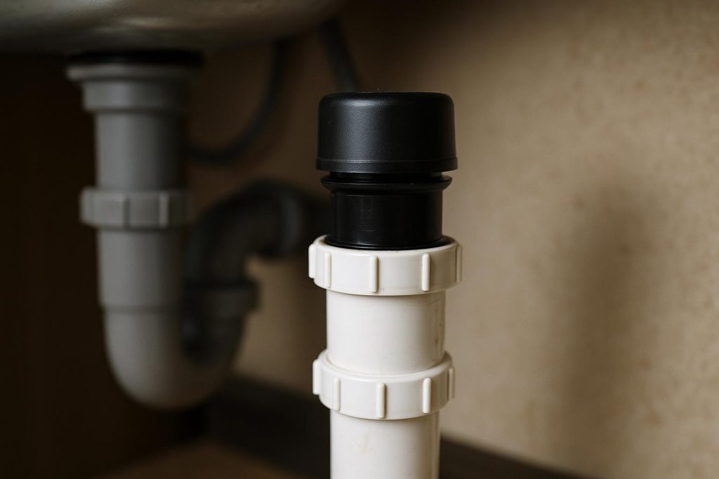 A black air admittance valve on a PVC drain pipe under a sink