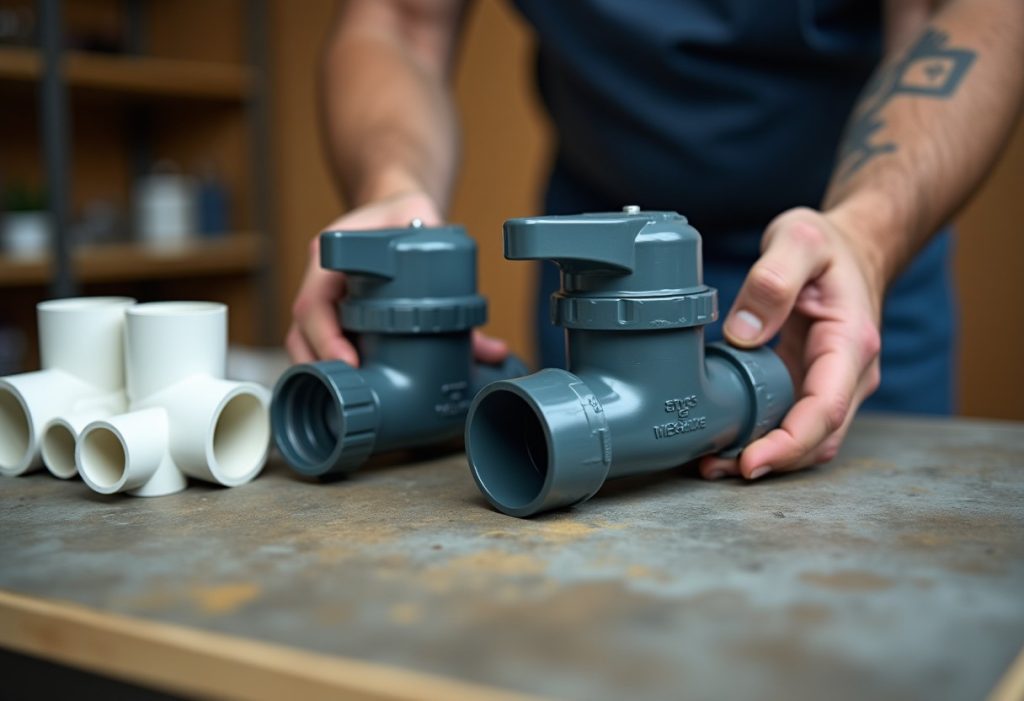 Two different sized air admittance valves placed next to PVC drain fittings