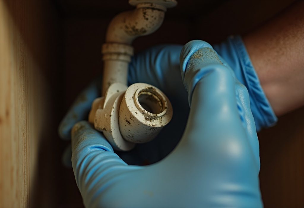 Gloved hand removing an old grimy air admittance valve from a vent pipe