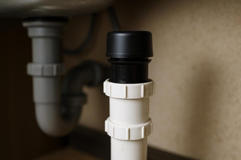A black air admittance valve on a PVC drain pipe under a sink