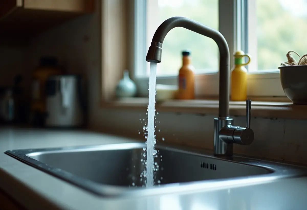 Kitchen faucet spraying sputtering water with visible air bubbles into sink