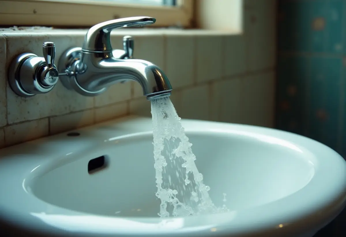Bathroom faucet hot handle open with cloudy bubbling water spitting out