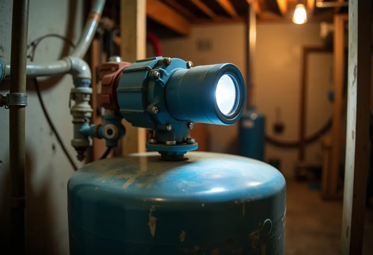 Basement well pump and pressure tank with pipe fittings and pressure switch