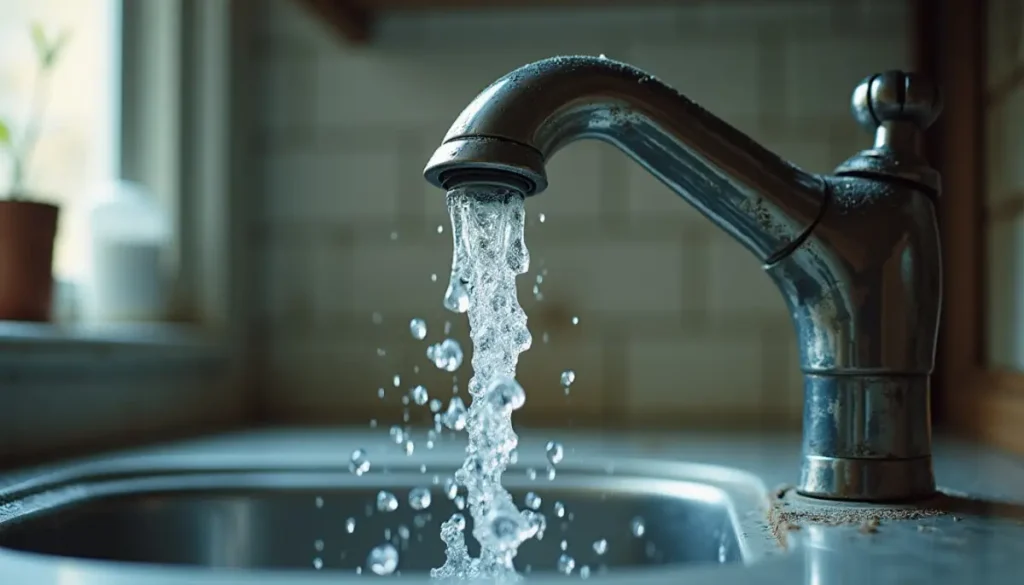 A chrome kitchen faucet sputtering a broken, bubbly stream of water and air into a stainless sink, splashes caught mid-a