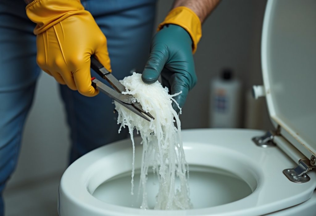 Gloved hand pulling a tangled wet wipe clump from a toilet trap with pliers.