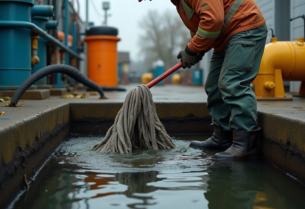 Worker in waders lifting a rag-covered mass off a lift station pump impeller.