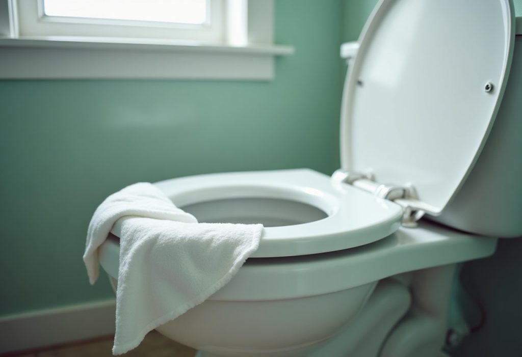 A wet wipe draped over the rim of an open toilet bowl