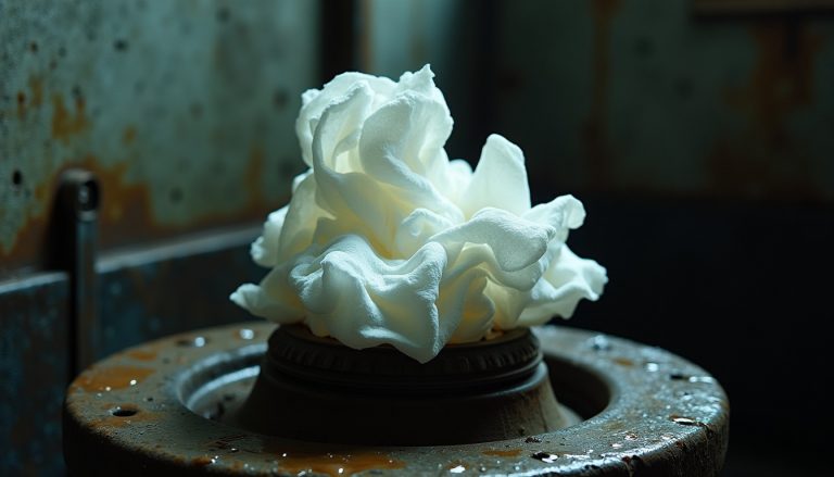 A tangled clump of white nonwoven wipes caught on a sewer pump impeller in a municipal pump station, wet concrete and st