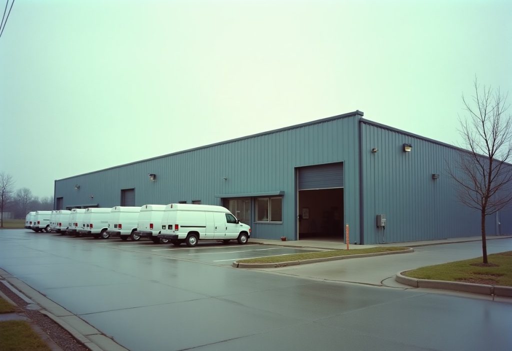Service company office with a parking lot of identical white vans