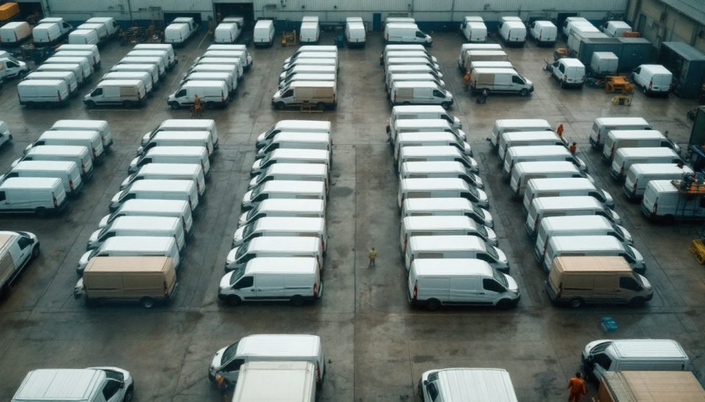 Aerial view of a large service company depot with dozens of identical white vans parked in rows