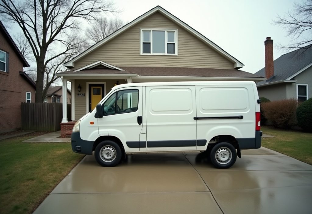 Single unmarked work van in a suburban driveway