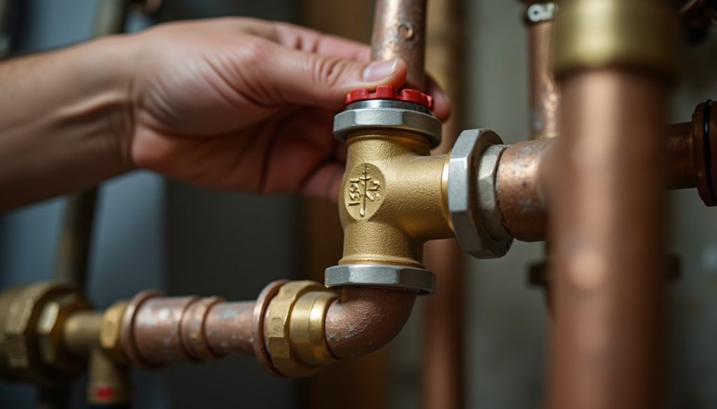Close-up of a brass RPZ backflow preventer on copper pipes with test cocks and shutoff valves.