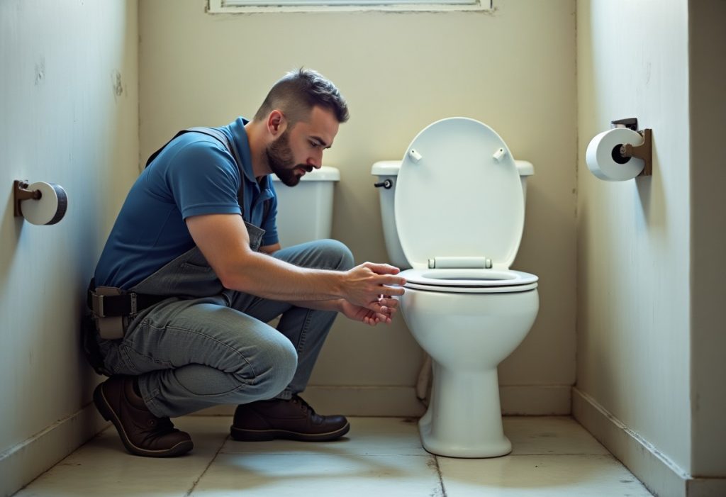 Plumber comparing a non-electric bidet attachment and an electric bidet seat on two toilets