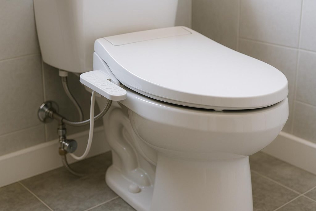 A bidet seat attachment installed on a white toilet