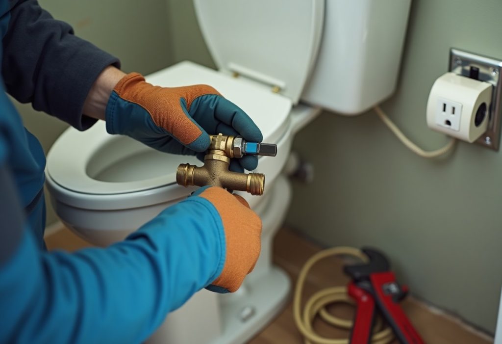 Hands installing a brass T-valve on a toilet water line near a wall-mounted GFCI outlet