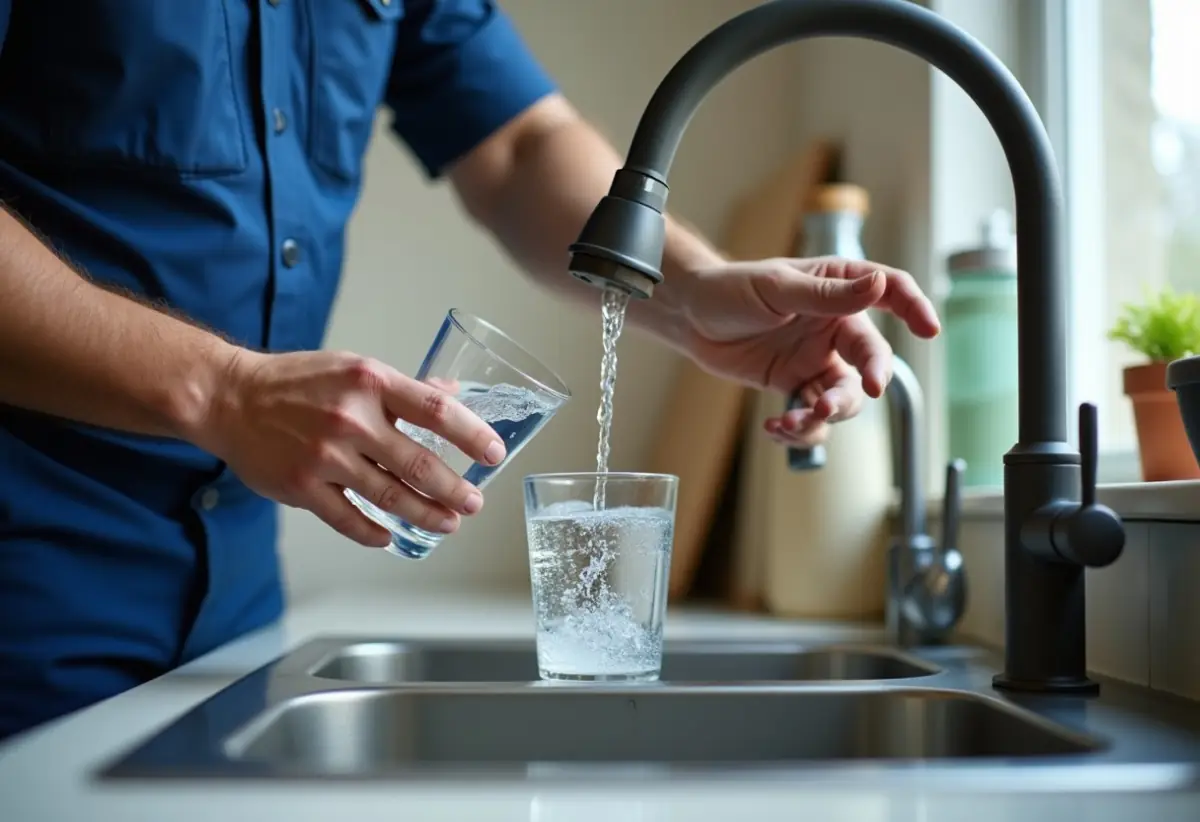 Plumber comparing glasses of hot and cold tap water in a kitchen