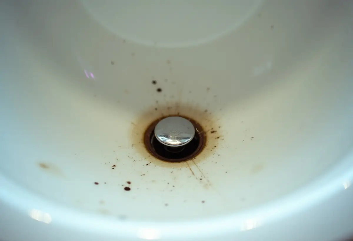 Black mineral staining on a white porcelain sink near the drain