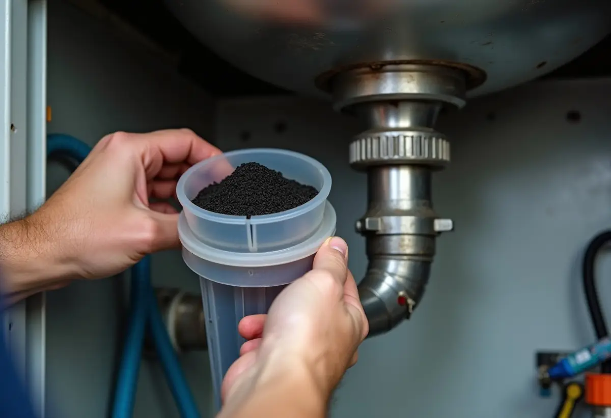 Technician removing a new carbon filter cartridge from a housing