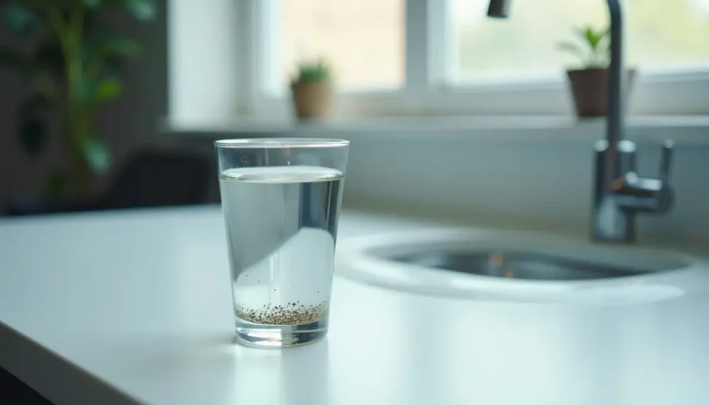 A clear drinking glass of tap water on a white counter with tiny dark specks settled at the bottom, macro detail, soft w