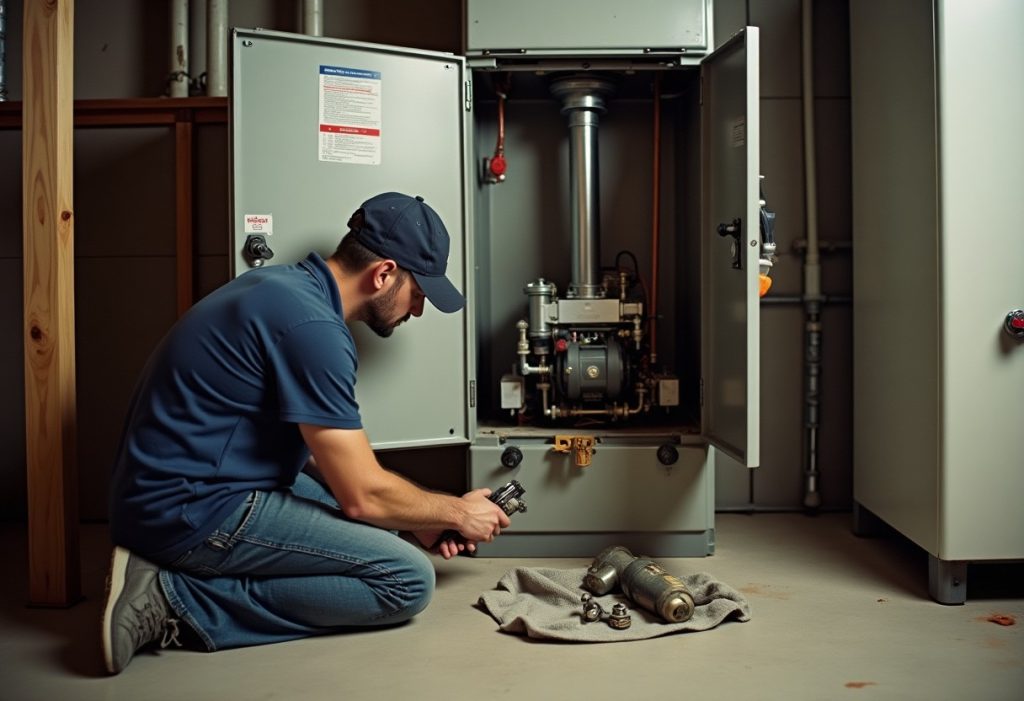 Technician removing a circulator pump from an open wall-mounted boiler