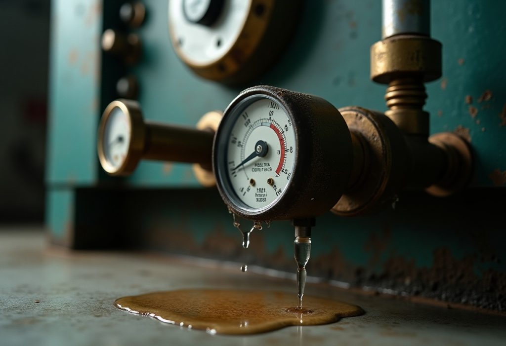 Boiler pressure gauge with a dripping relief valve and water on floor