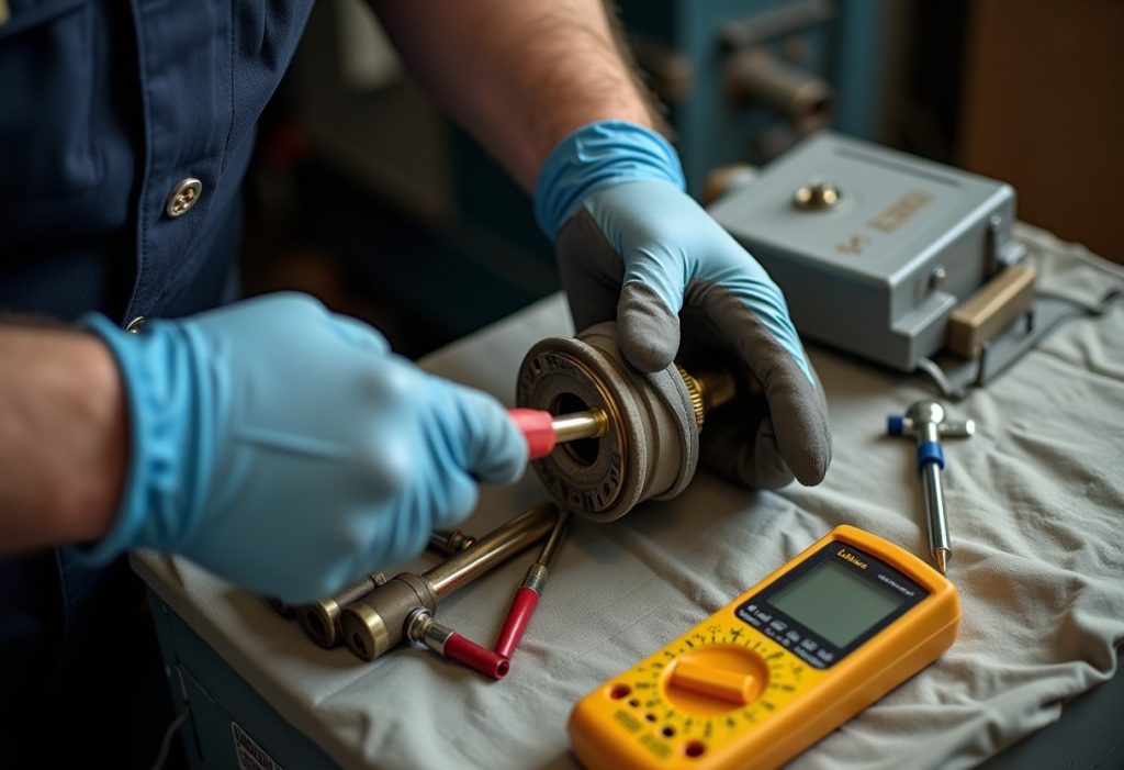Technician cleaning a flame sensor during a boiler maintenance visit