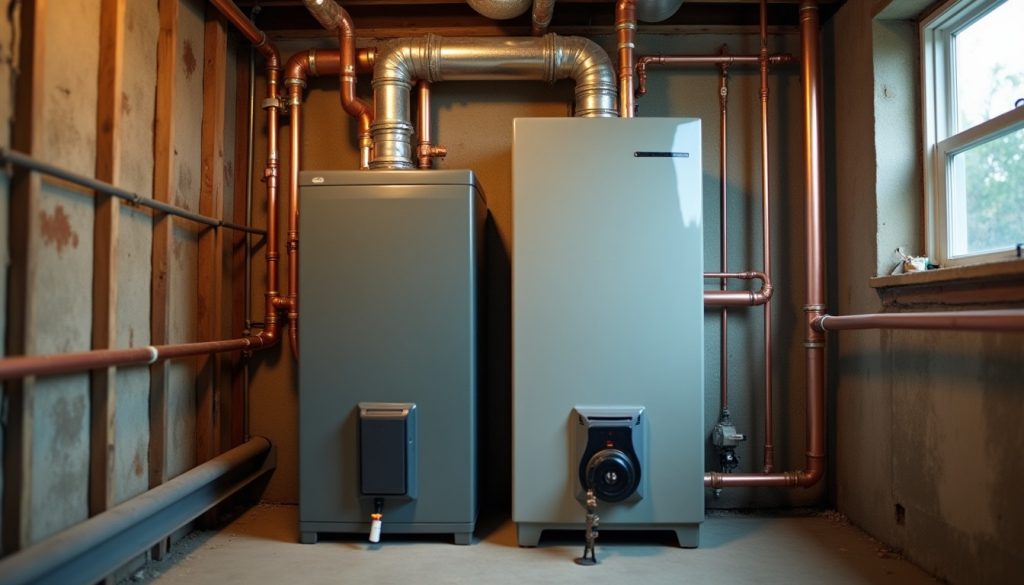 A residential hydronic boiler in a basement with copper supply and return piping, a circulator pump and an open burner a