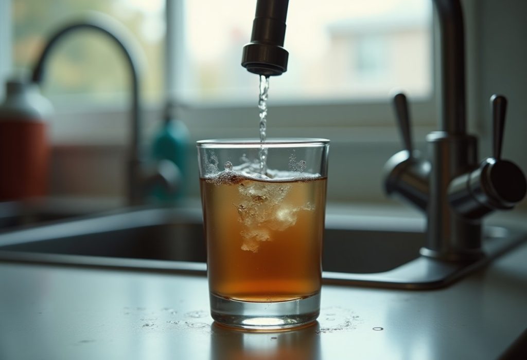 Glass of brown tap water on a kitchen counter beneath a faucet