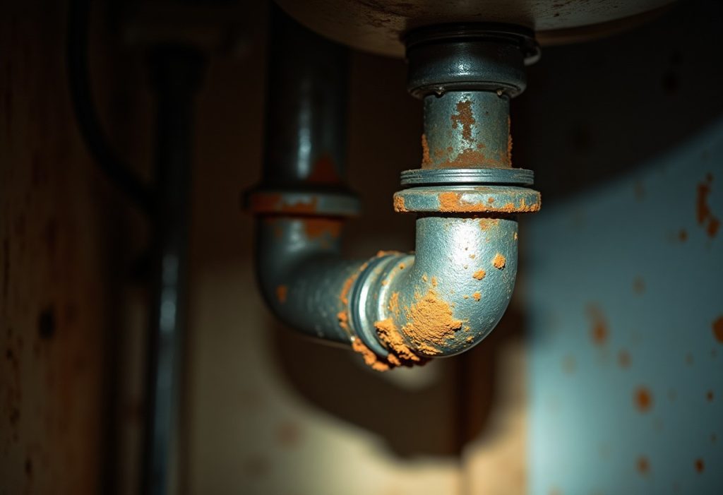 Corroded galvanized pipe with rust flakes under a sink cabinet