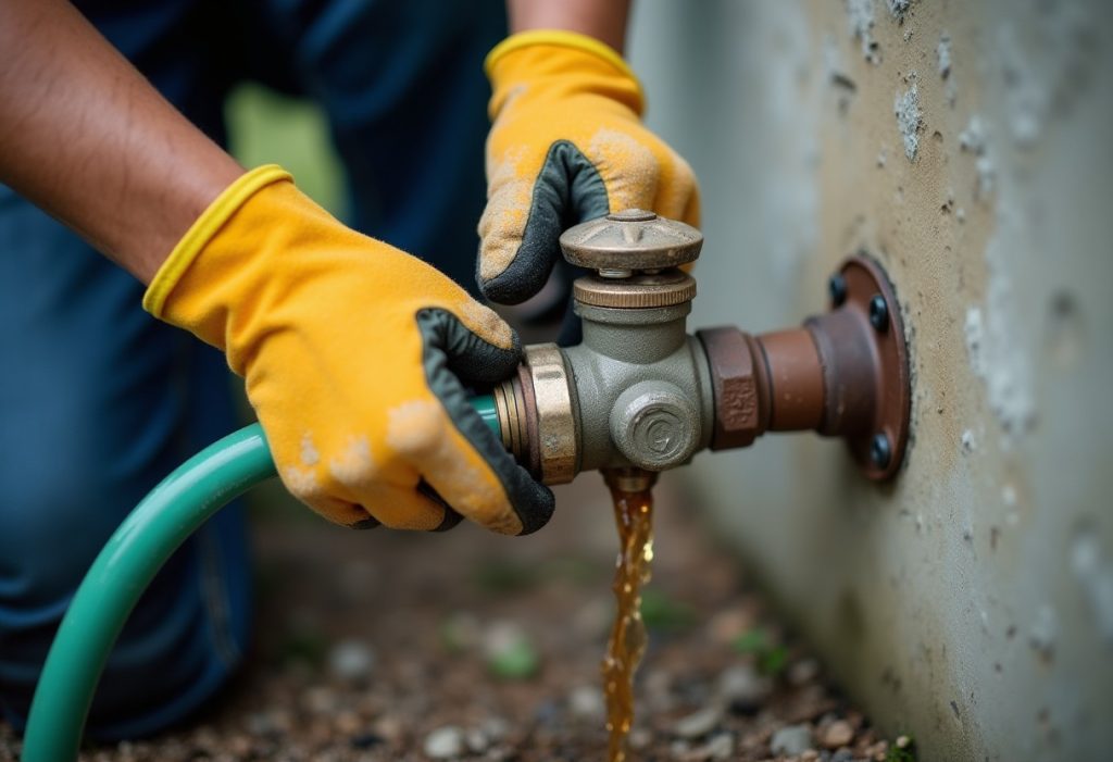 Hand turning outdoor spigot with brown water running into gravel