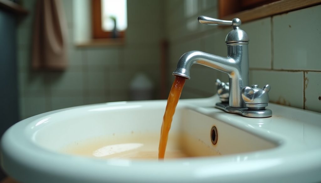 Rust-brown water running from a chrome bathroom faucet into a white sink basin