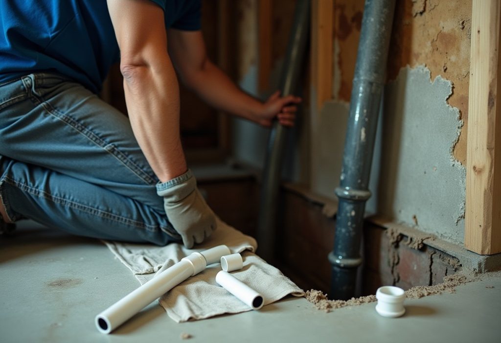 Plumber beside an open slab trench with cast iron and PVC pipe sections on a basement floor.
